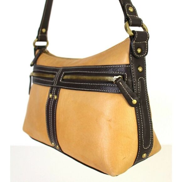 SMALL Tignanello TAN BEIGE BROWN GENUINE LEATHER HOBO HANDBAG PURSE SHOULDER BAG - Picture 4 of 12